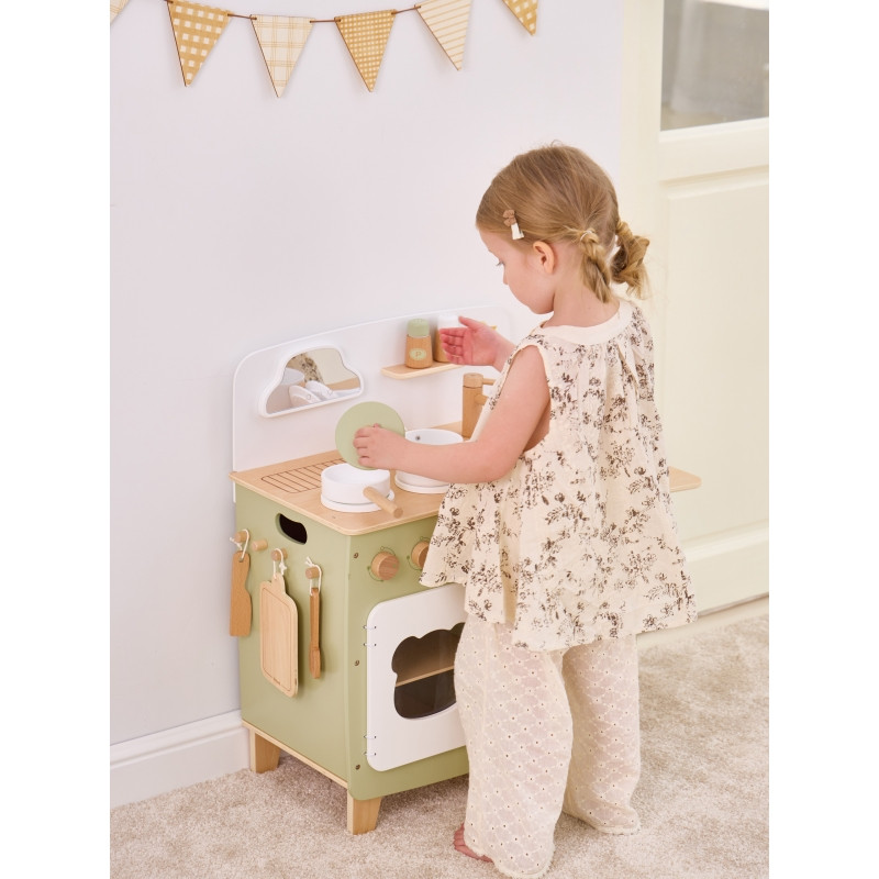 VIGA PolarB didelė medinė virtuvė su sulankstomu stalviršiu + spintelė su užuolaida