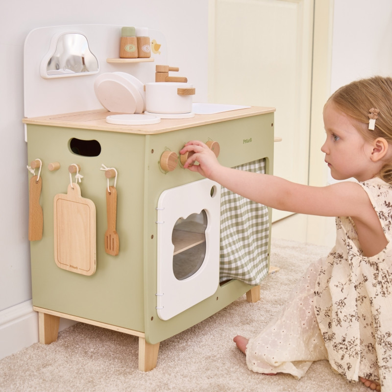 VIGA PolarB didelė medinė virtuvė su sulankstomu stalviršiu + spintelė su užuolaida