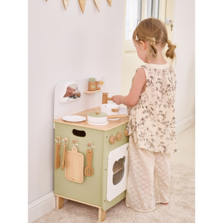 VIGA PolarB didelė medinė virtuvė su sulankstomu stalviršiu + spintelė su užuolaida