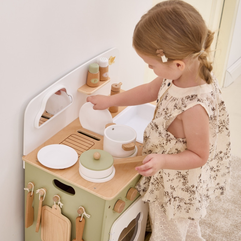 VIGA PolarB didelė medinė virtuvė su sulankstomu stalviršiu + spintelė su užuolaida