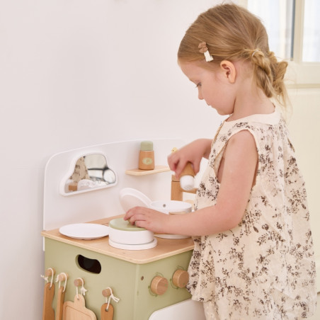 VIGA PolarB didelė medinė virtuvė su sulankstomu stalviršiu + spintelė su užuolaida