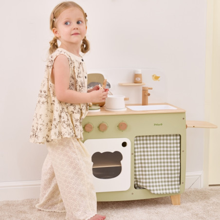 VIGA PolarB didelė medinė virtuvė su sulankstomu stalviršiu + spintelė su užuolaida