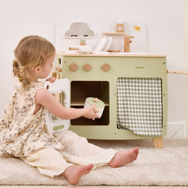 VIGA PolarB didelė medinė virtuvė su sulankstomu stalviršiu + spintelė su užuolaida