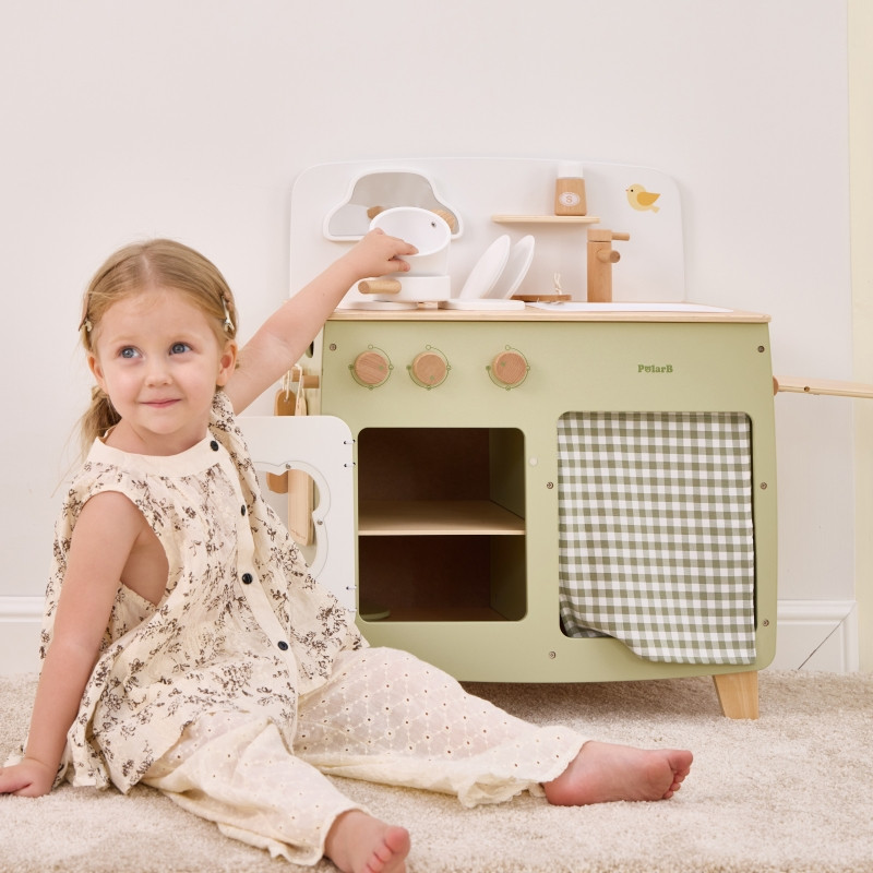 VIGA PolarB didelė medinė virtuvė su sulankstomu stalviršiu + spintelė su užuolaida