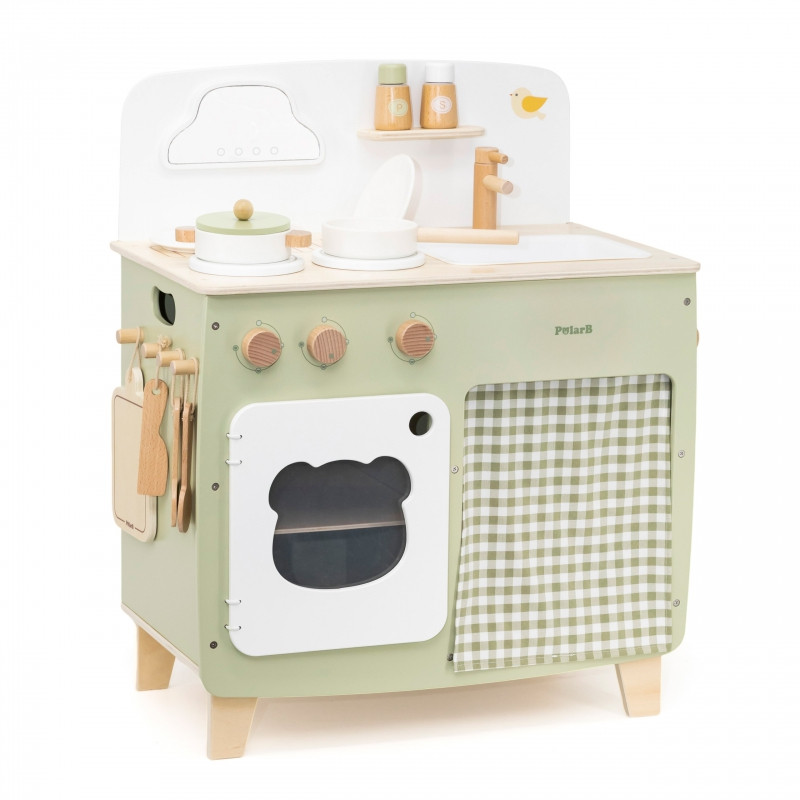 VIGA PolarB didelė medinė virtuvė su sulankstomu stalviršiu + spintelė su užuolaida