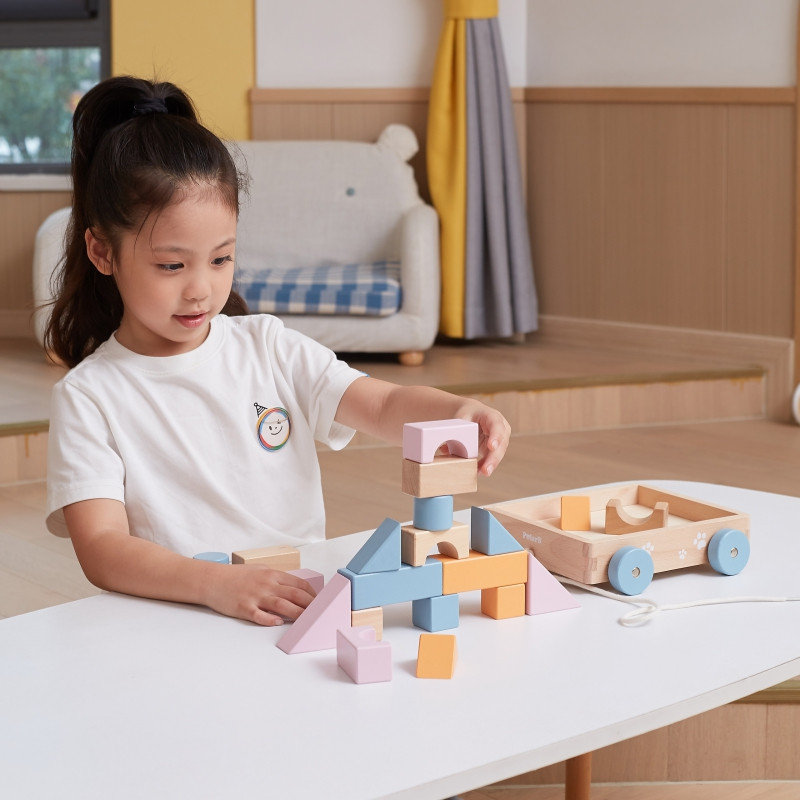 VIGA PolarB Medinis traukiamasis vežimėlis + kaladėlės 21 vnt.