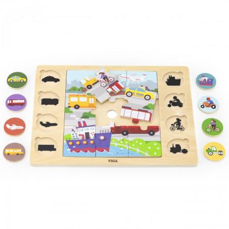 Деревянный пазл VIGA «Угадай тень — Транспорт» из 17 деталей