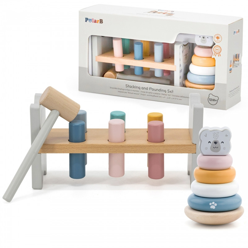 VIGA PolarB rinkinys medinė piramidė + perforatorius su plaktuku Montessori baltasis lokys
