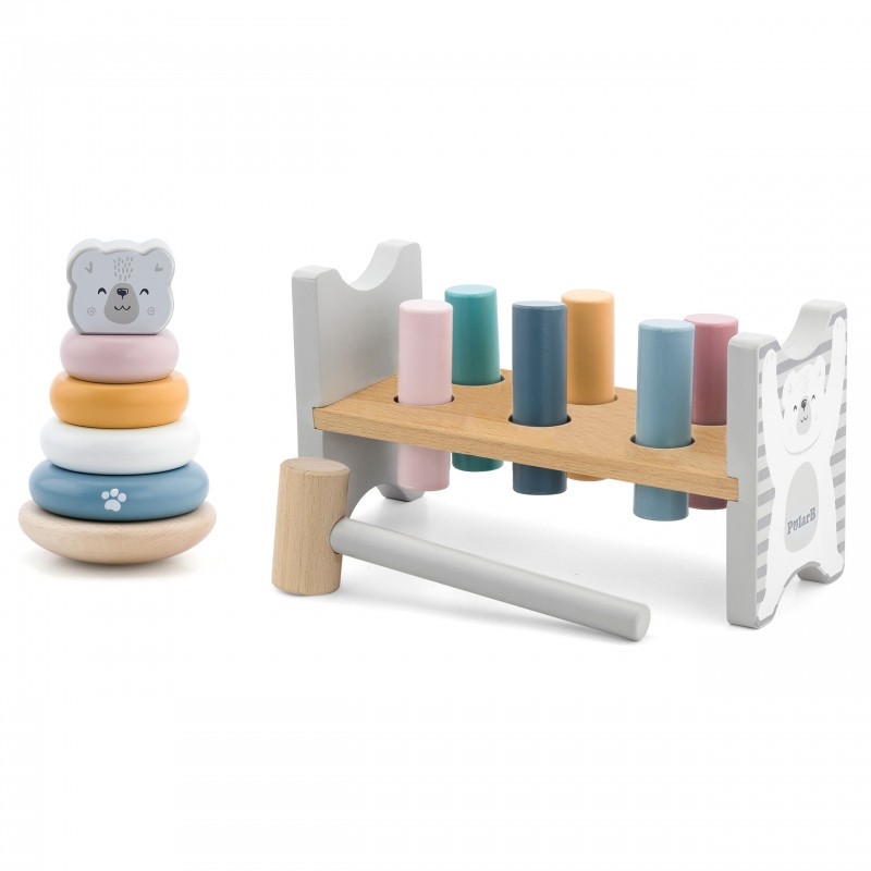 VIGA PolarB rinkinys medinė piramidė + perforatorius su plaktuku Montessori baltasis lokys
