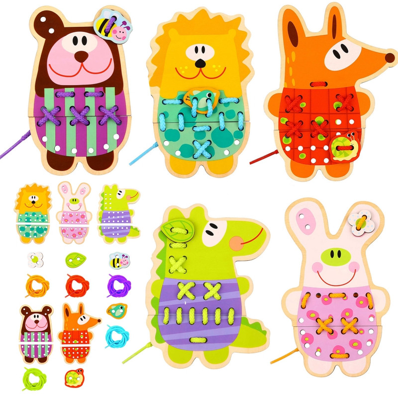 WOOPIE GREEN Деревянное кружево 5-в-1 Животные для продевания ниток