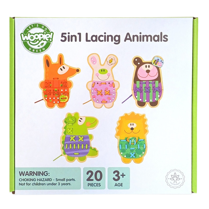 WOOPIE GREEN Деревянное кружево 5-в-1 Животные для продевания ниток