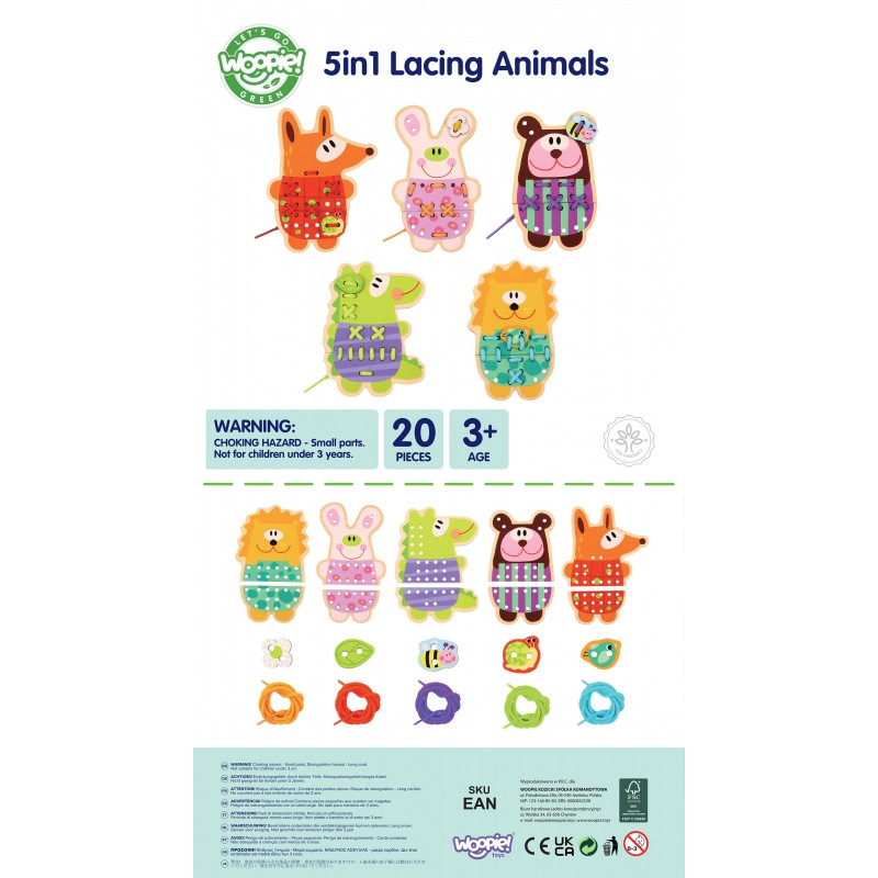 WOOPIE GREEN Деревянное кружево 5-в-1 Животные для продевания ниток