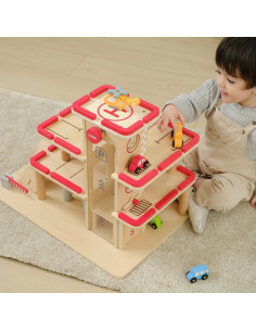 VIGA Drewniany Parking dla Samochodzików z Windą 4 Autka Helikopter 2