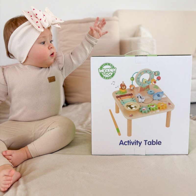 WOOPIE GREEN medinis edukacinis muzikinis sensorinis labirinto stalas 5in1