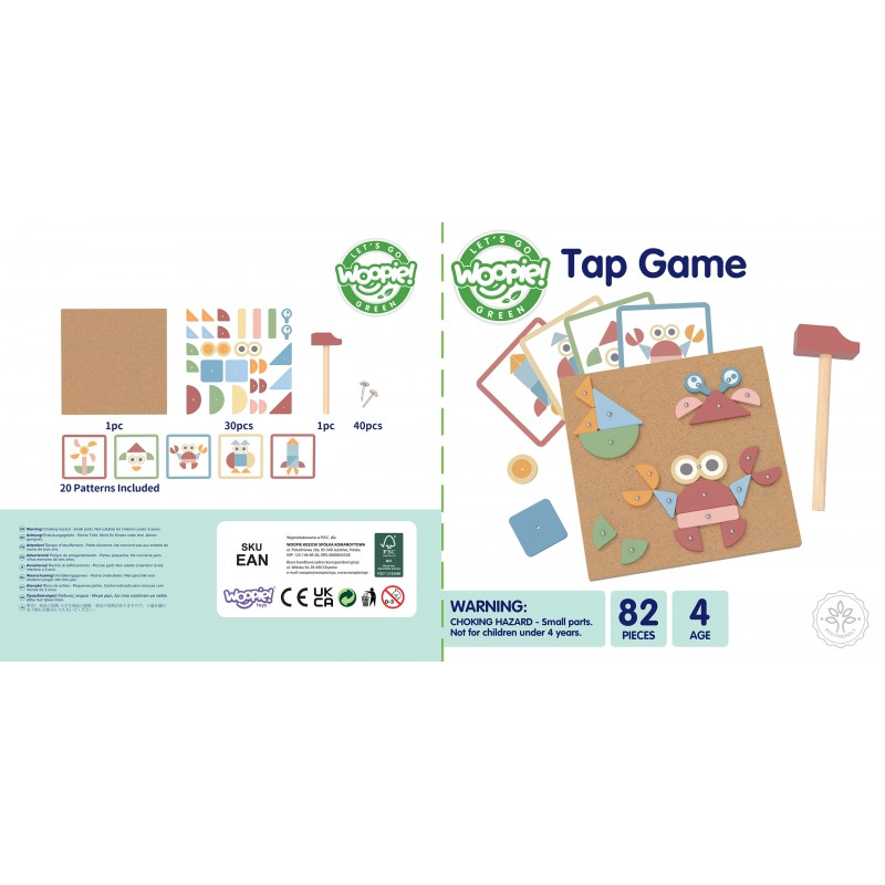 WOOPIE GREEN Drewniana Przybijanka z Młotkiem Układanka 20 wzorów 82 el.