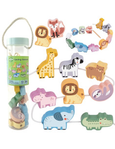 WOOPIE GREEN Medinės sriegimo kaladėlės ZOO Montessori 13 vnt.