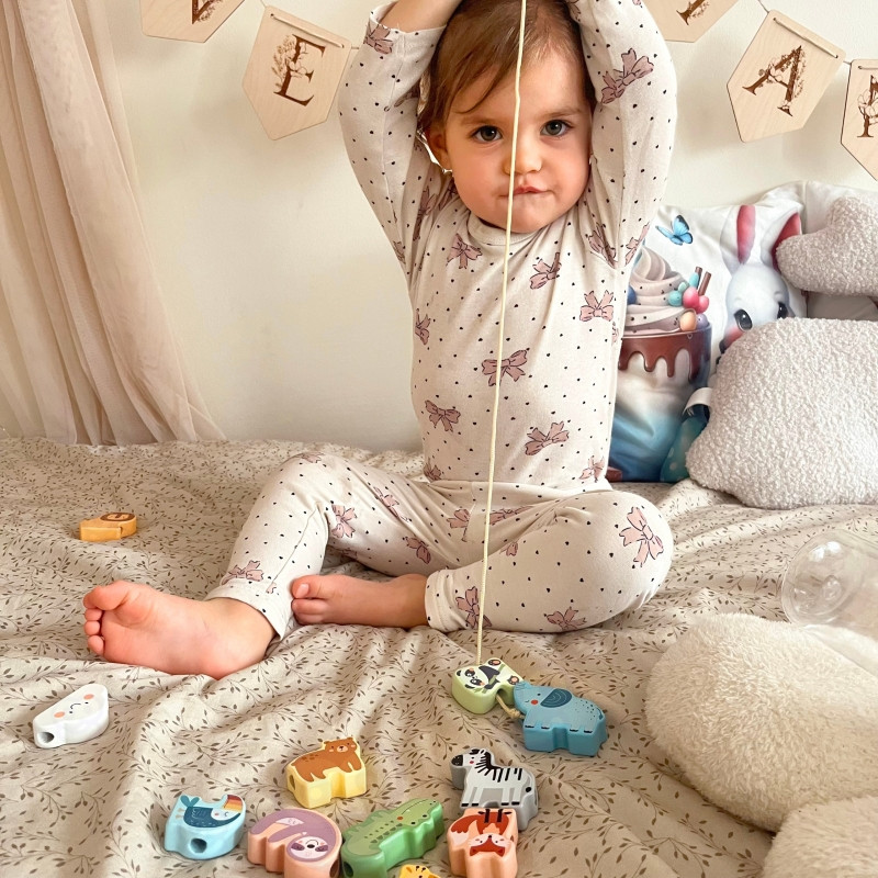 WOOPIE GREEN Medinės sriegimo kaladėlės ZOO Montessori 13 vnt.