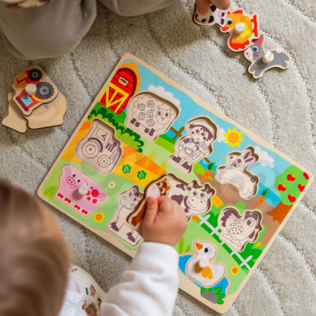 WOOPIE GREEN medinė Montessori ūkio dėlionė su atitinkančiais nykščiais