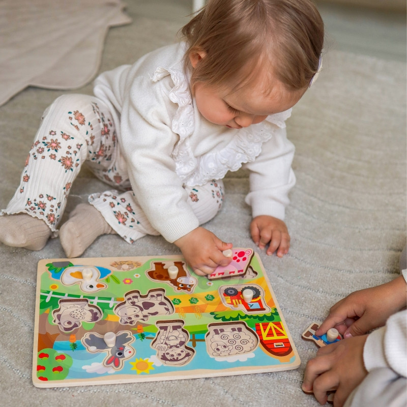 WOOPIE GREEN medinė Montessori ūkio dėlionė su atitinkančiais nykščiais