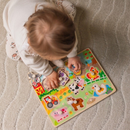 WOOPIE GREEN medinė Montessori ūkio dėlionė su atitinkančiais nykščiais