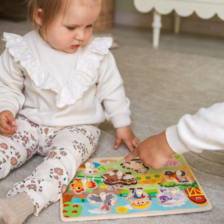 WOOPIE GREEN medinė Montessori ūkio dėlionė su atitinkančiais nykščiais
