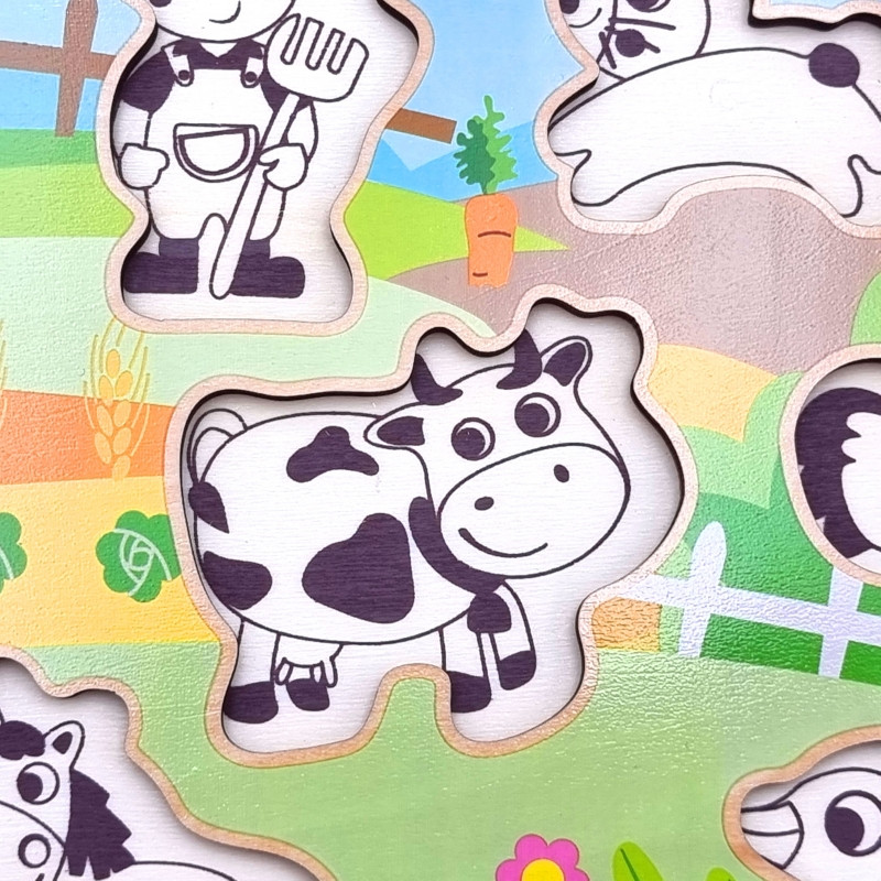 WOOPIE GREEN medinė Montessori ūkio dėlionė su atitinkančiais nykščiais