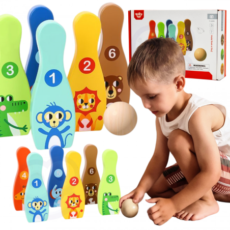 TOOKY TOY medinis boulingas vaikams 6 vnt. + Kamuolys TOOKY TOY medinis boulingas vaikams 6 vnt. + Kamuolys