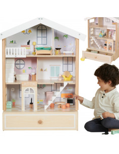 CLASSIC WORLD Didelis medinis lėlių namelis 2 figūrėlės NATŪRALI MEDIENA 28 vnt.