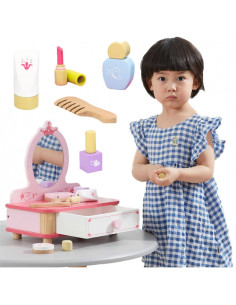 Деревянный розовый столик для макияжа VIGA с зеркалом и аксессуарами