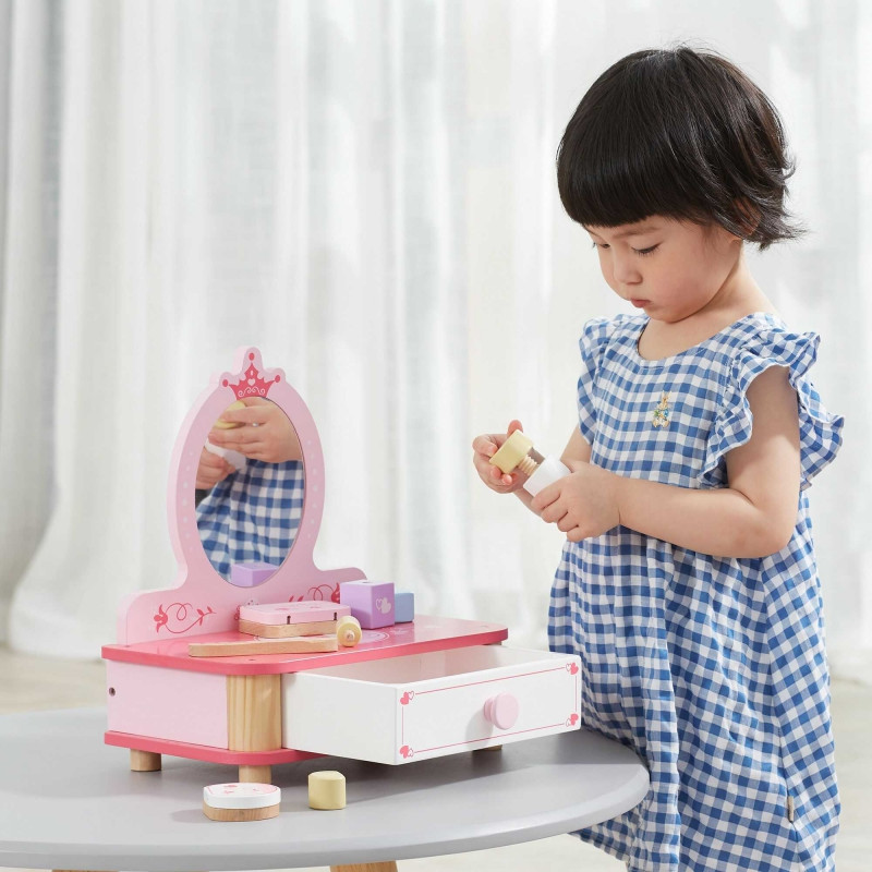 VIGA medinis tualetinis staliukas rožinis makiažas su veidrodžiu + aksesuarai