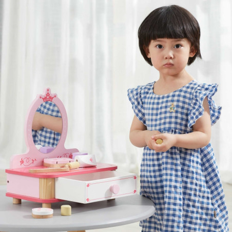VIGA medinis tualetinis staliukas rožinis makiažas su veidrodžiu + aksesuarai