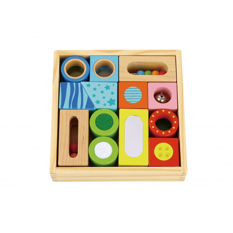 TOOKY TOY Medinė dėžutė Sensoriniai blokai Daugiafunkcinė dėlionė Shapes Sound Touch 12 vnt.