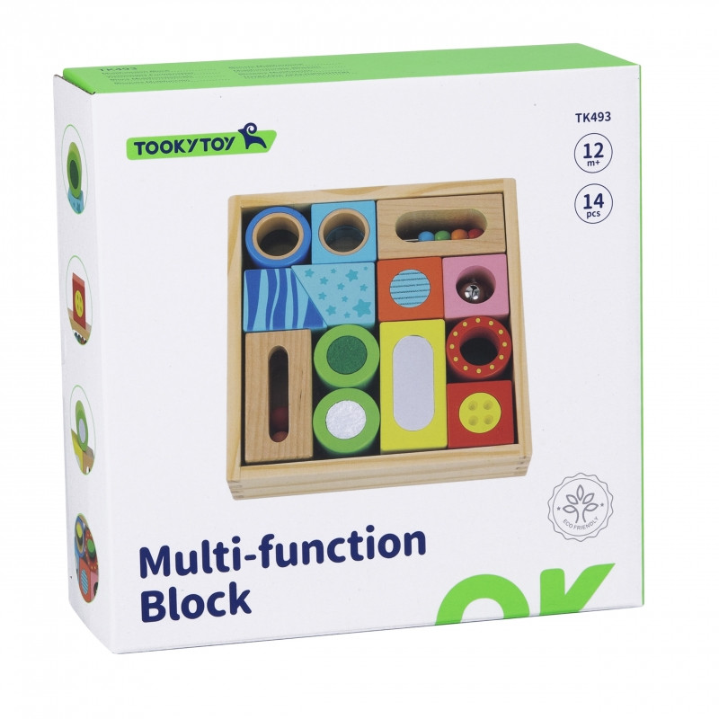 TOOKY TOY Medinė dėžutė Sensoriniai blokai Daugiafunkcinė dėlionė Shapes Sound Touch 12 vnt.