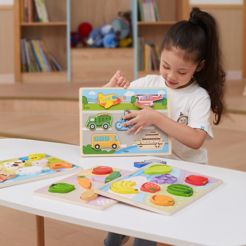 VIGA medinė dėlionė Montessori 2in1 figūrėlės transporto priemonės