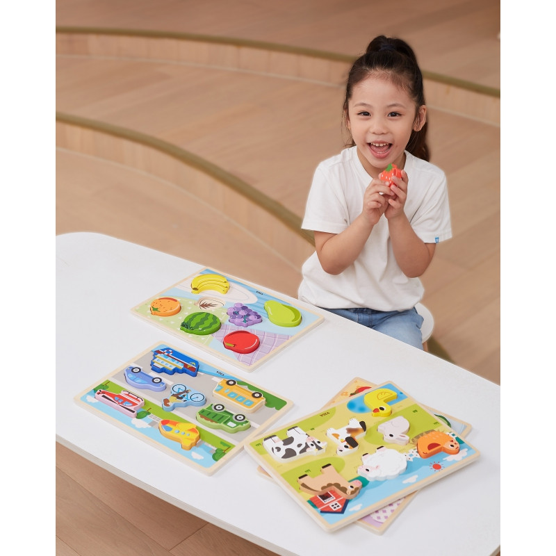 VIGA medinė dėlionė Montessori 2in1 figūrėlės transporto priemonės