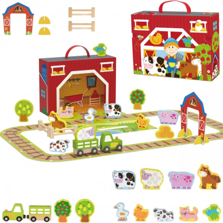 TOOKY TOY medinis ūkis lagamine figūrėlės transporto priemonės TOOKY TOY medinis ūkis lagamine figūrėlės transporto priemonės