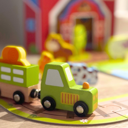 TOOKY TOY medinis ūkis lagamine figūrėlės transporto priemonės TOOKY TOY medinis ūkis lagamine figūrėlės transporto priemonės