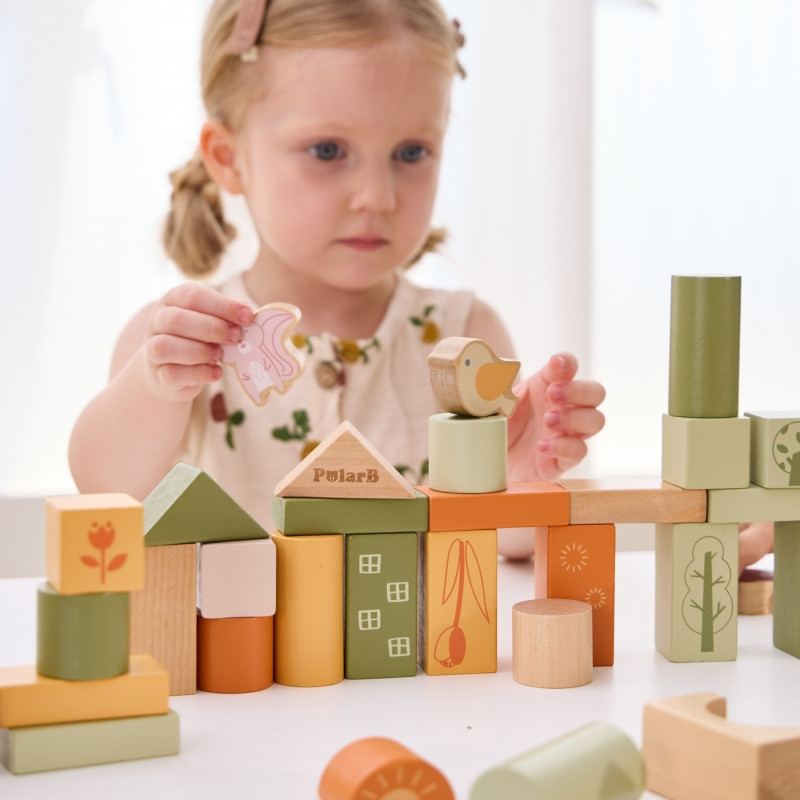 VIGA PolarB Medinės kaladėlės Montessori kaladėlės Gyvūnai 50 vnt.