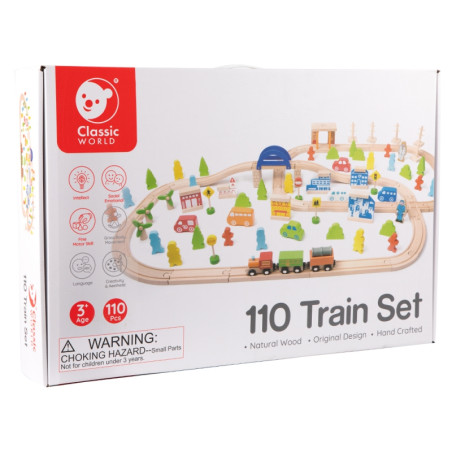 CLASSIC WORLD rinkinys Geležinkelio bėgių medinis traukinys + figūrėlės 110 vnt. CLASSIC WORLD rinkinys Geležinkelio bėgių medinis traukinys + figūrėlės 110 vnt.