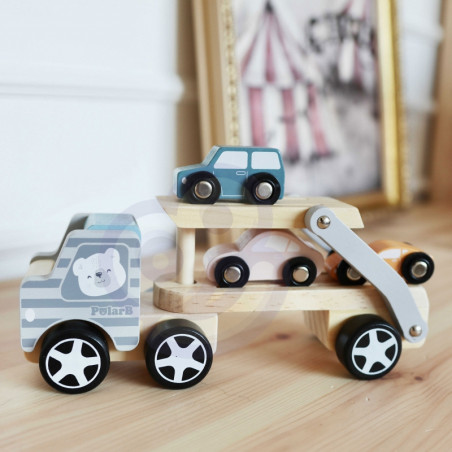 VIGA PolarB Medinis žaislinis sunkvežimis su Montessori automobiliais VIGA PolarB Medinis žaislinis sunkvežimis su Montessori automobiliais