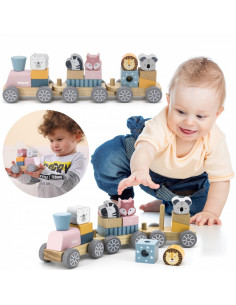 VIGA PolarB Wooden Train with Carriages and Animals for Montessori Stacking