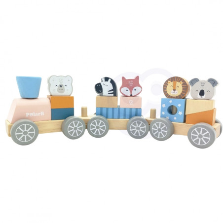 VIGA PolarB Wooden Train with Carriages and Animals for Montessori Stacking