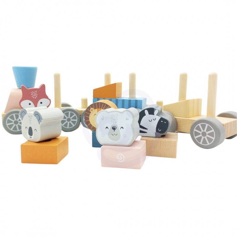VIGA PolarB Wooden Train with Carriages and Animals for Montessori Stacking