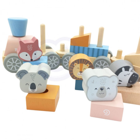 VIGA PolarB Wooden Train with Carriages and Animals for Montessori Stacking