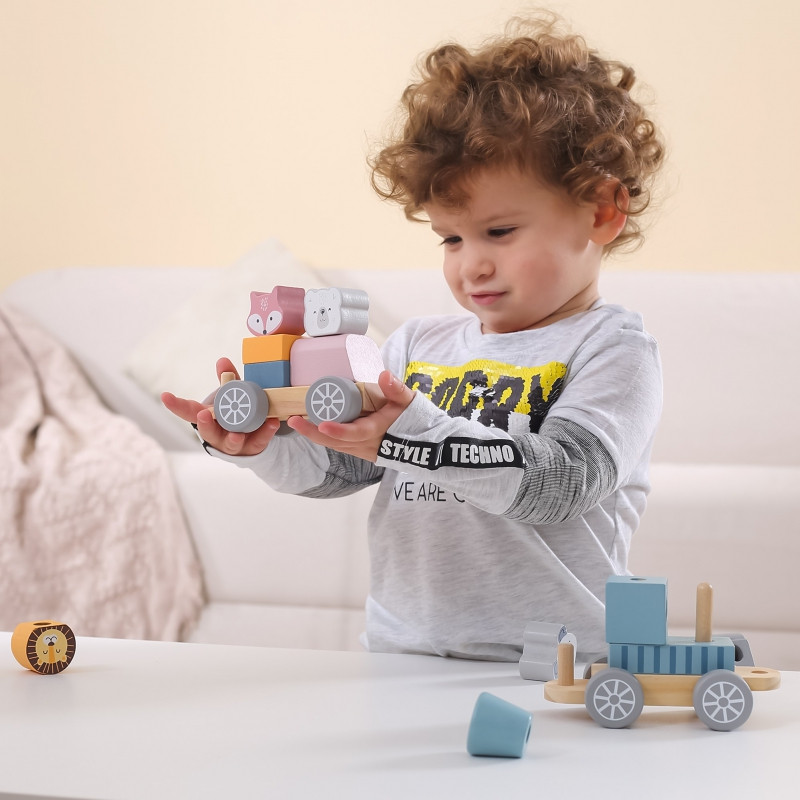 VIGA PolarB Wooden Train with Carriages and Animals for Montessori Stacking