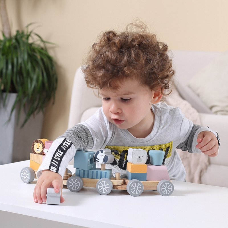 VIGA PolarB Wooden Train with Carriages and Animals for Montessori Stacking