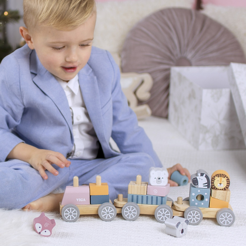 VIGA PolarB Wooden Train with Carriages and Animals for Montessori Stacking