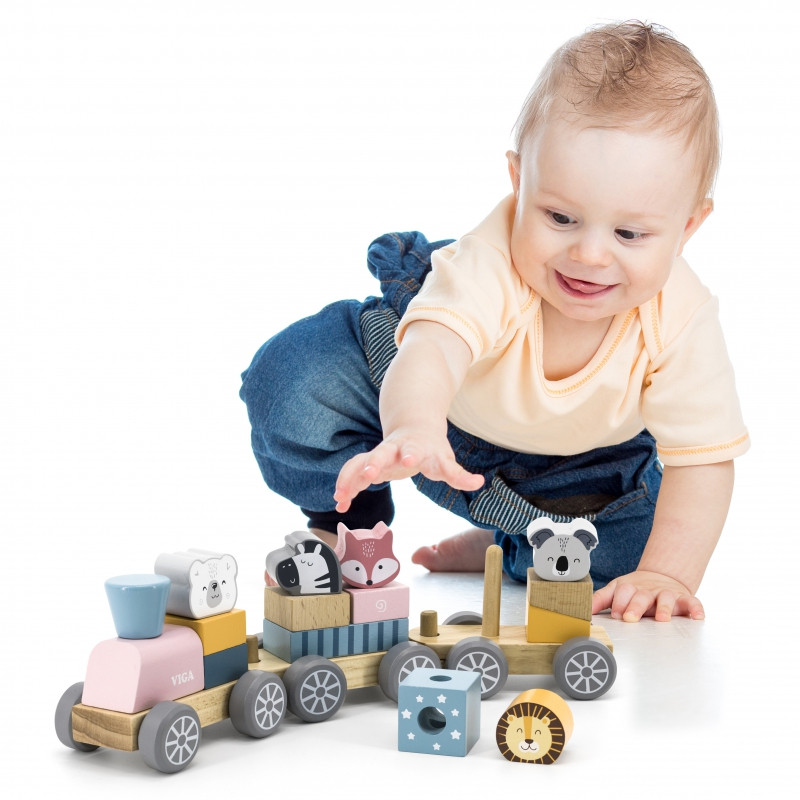 VIGA PolarB Wooden Train with Carriages and Animals for Montessori Stacking