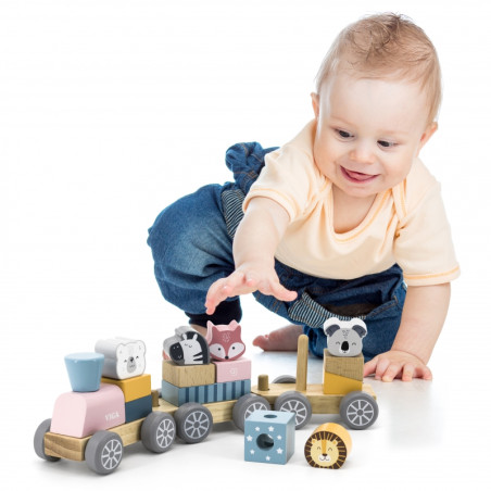 VIGA PolarB Wooden Train with Carriages and Animals for Montessori Stacking