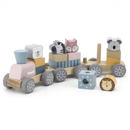 VIGA PolarB Wooden Train with Carriages and Animals for Montessori Stacking